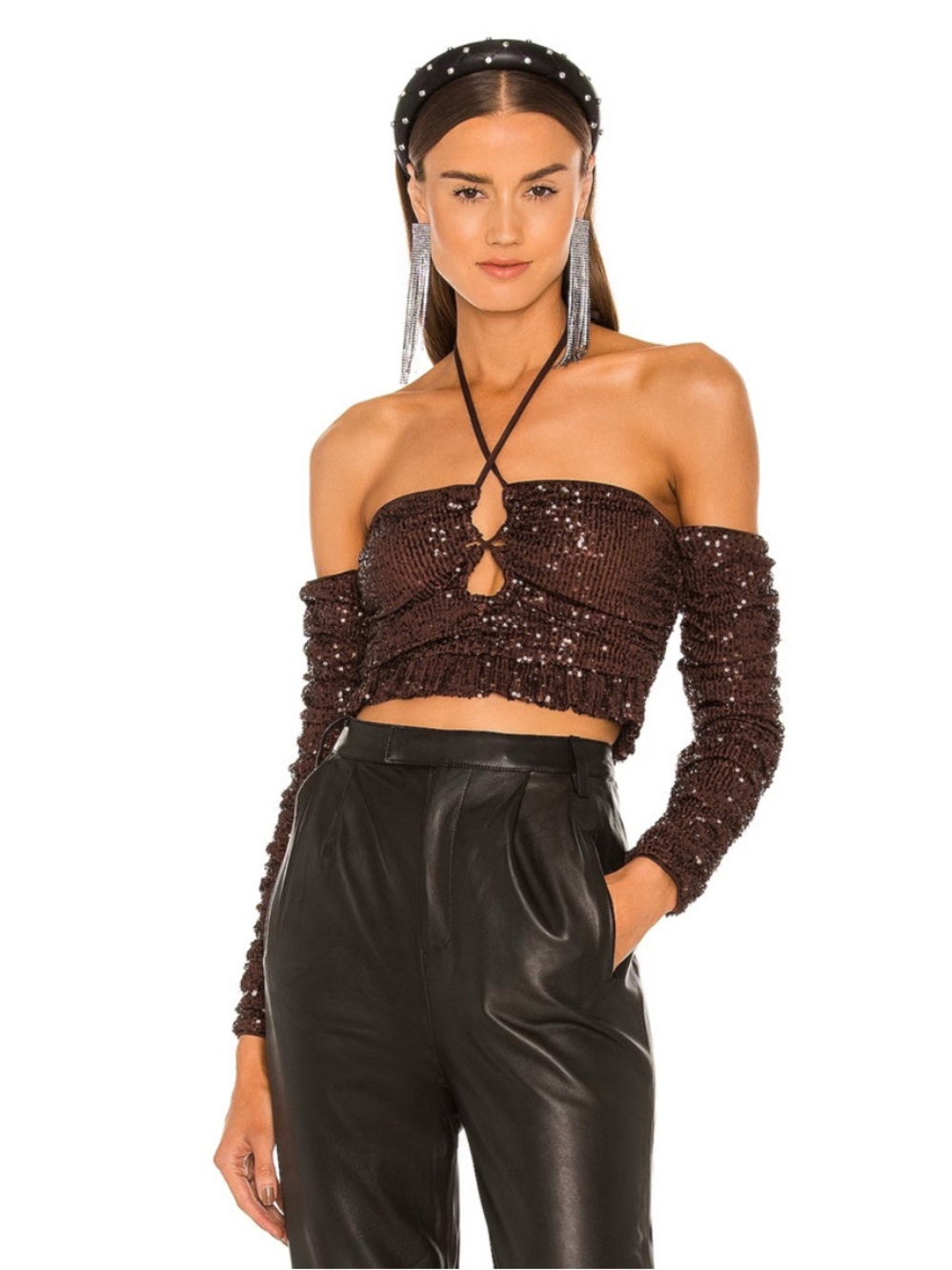 Lovers and Friends brown amber full sequin halter off the shoulder top womens M